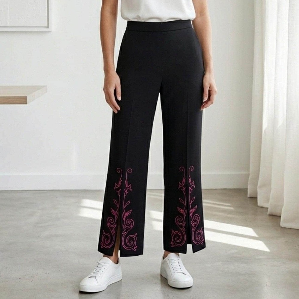 Giorgio Fiorlini Plus Womens 22W 24W Black Pink Scroll Embroidered Trousers VTG